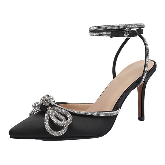 Black Wrap Slingback Rhinestone Embellished Bow Heeled Ankle Strap 3 7/8… - Picture 2 of 9